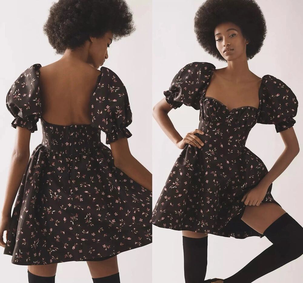 Maeve Anthropologie Floral Puff Sleeve Fit & Flare Mini Dress Babydoll Sz Small
